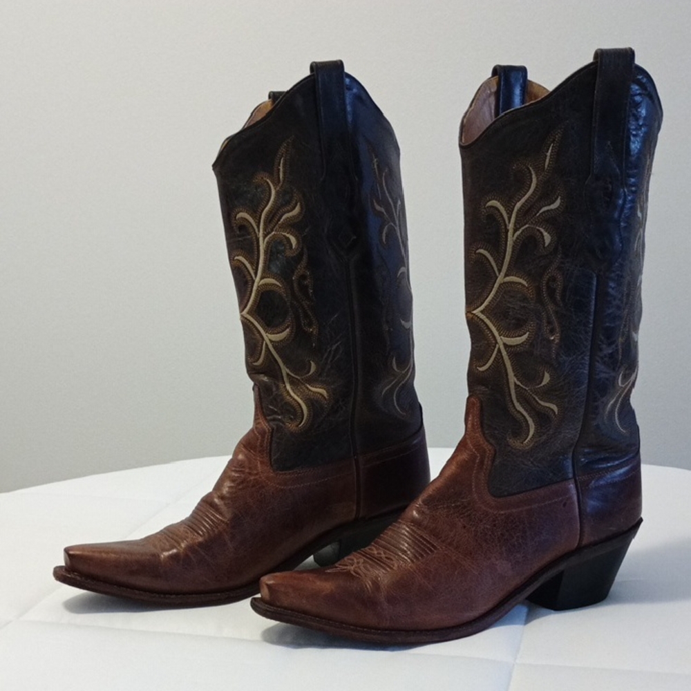 Old West Women's Two-Tone Brown Leather Cowboy Boots Sz 9.5